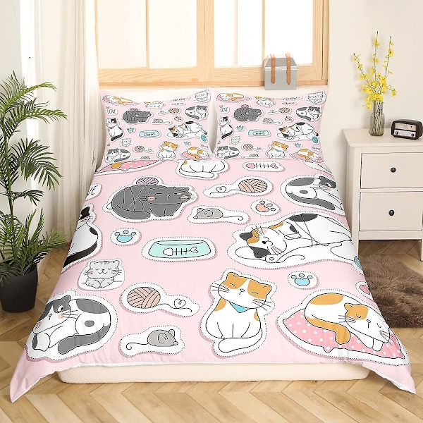 Sött Påslakanset för Barn med Katt Kung och Drottning, Tecknad Kitty Sängkläder Djur Leksak Täcke Örngott Flickig Rosa Polyester Quilt Överdrag