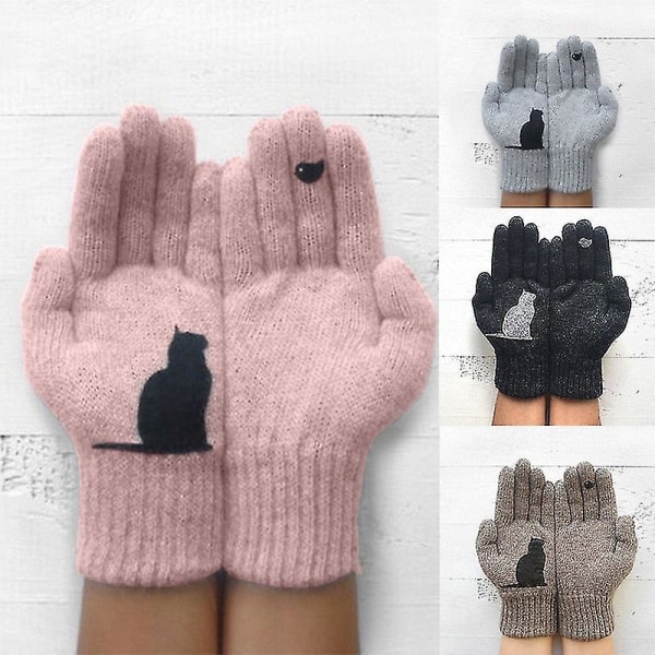 Vinterhandskar för män kvinnor tonåringar söt katt och fågel tryckt termisk stickad Style3