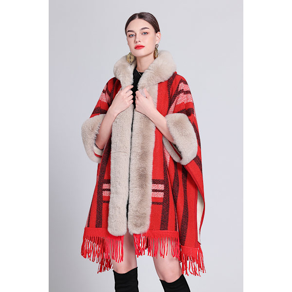 Höst- och vintertrendig cape sjal plus sammet förtjockad pälskrage rutig huva tofs stickad sjal cape Vertical red plus velvet 80-100cm