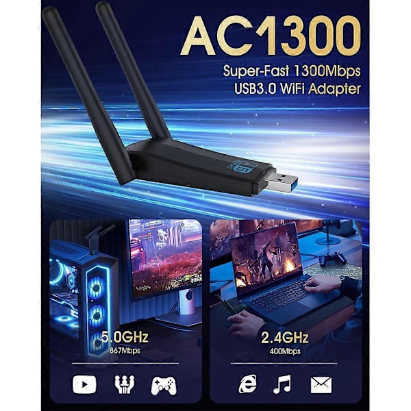 Trådlös USB 3.0 WiFi-adapter för stationär PC, AC 1300Mbps USB WiFi Dual-Band Nätverksadapter för Win