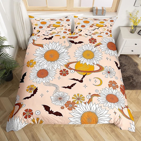 Groovy Daisy -vuodevaatesetti, king- ja queen-koot, retrokukkainen pussilakanasetti, psykedeelinen kukkakuvioinen peittopäällinen, mikrokuidusta valmistettu peitepäällinen