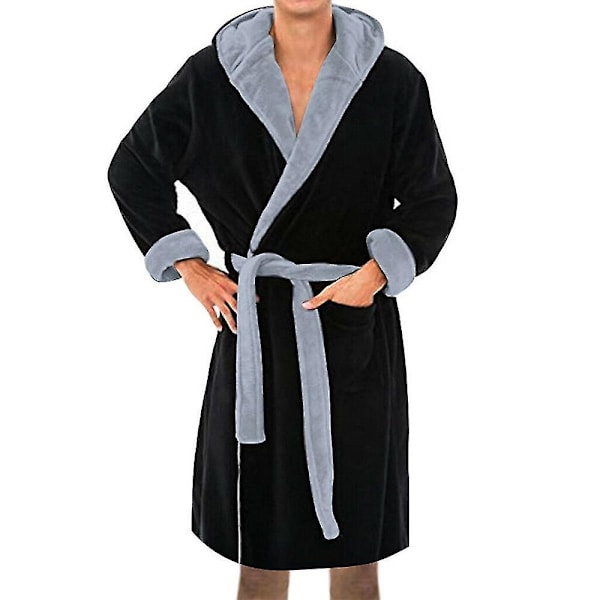 Huvförsedd Badrock för Män Mjuk Fleece Morgonrock Patchwork Nattkläder Black 2XL