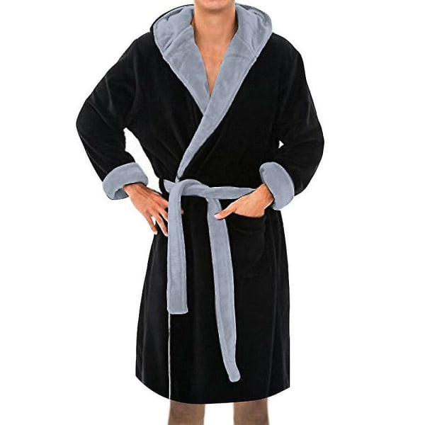 Huvförsedd Badrock för Män Mjuk Fleece Morgonrock Patchwork Nattkläder Black XL
