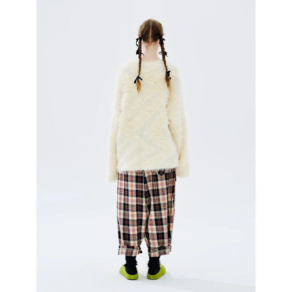 IMAKOKONI originalt design elastisk talje rødternede beskårede bukser lige ben lommebukser 234354 pants L