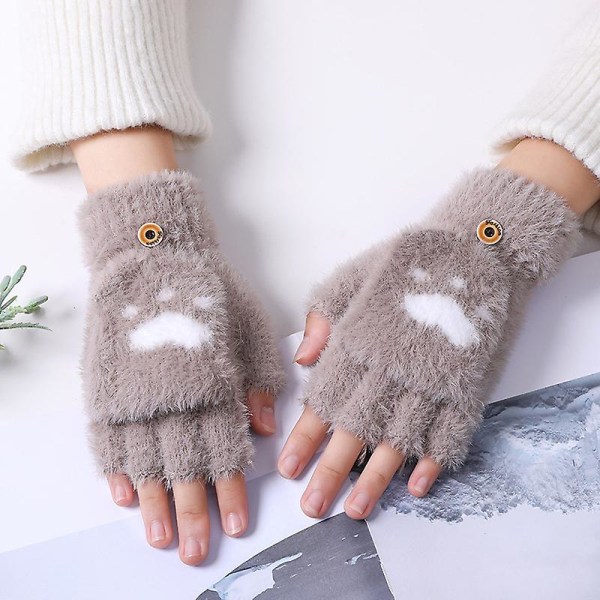 Søte hjertehansker for kvinner, fluffy plysj-hansker for vinteren khaki 2