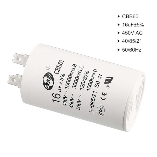 CBB60 Driftskondensator 16uF 450V AC Dobbelt Indsats 50/60Hz Cylinder 72x40mm Hvid til Luftkompressor Vandpumpe Motor