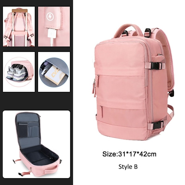 Infällbar Reseryggsäck Unisex Laptopväska Dam Stor Duffelväska Herr Student Affärsresa USB-laddning Pink Style B