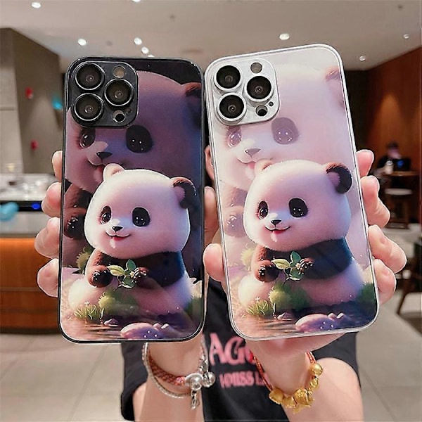 Kompatibelt för iPhone 13 Pro Sött Panda Mönster Tryck Härdat Glas+TPU Telefonfodral med Linsskydd White