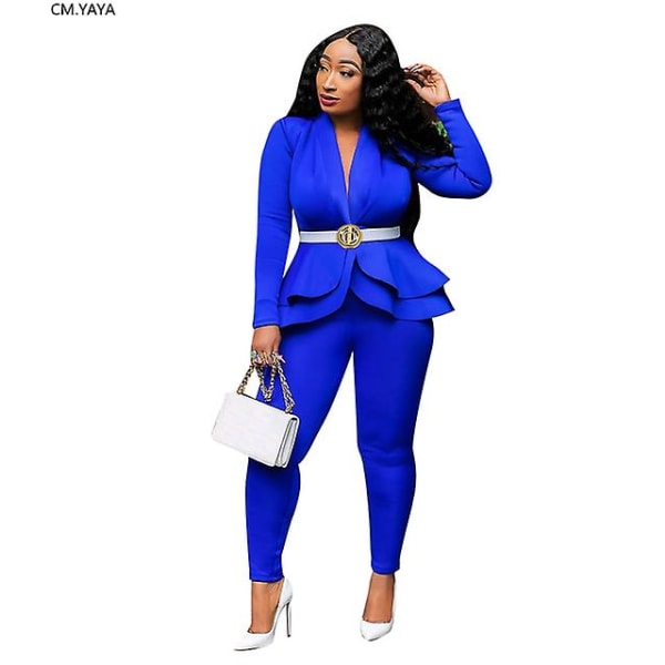 Dam Set Träningsdräkt Långärmad Volang Kavajer Byxor Kostym Tvådelat Set Kontorsdam Affärskläder Uniform Blue XXL