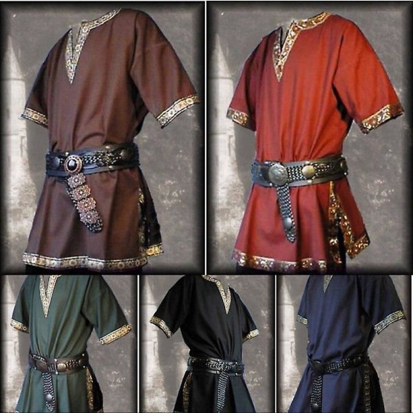 Keskiaikaiset renessanssipuvut miehille, aatelismiehen tunika, viikinkiaateliston Chevalier-ritari, soturi, Halloween-cosplay-asut, ei vyötä Red L Medieval