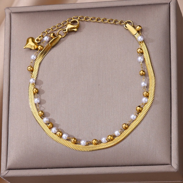 Rustfritt stål Boho Dobbeltlags Pearl Anklet Bursdagsgave JS01