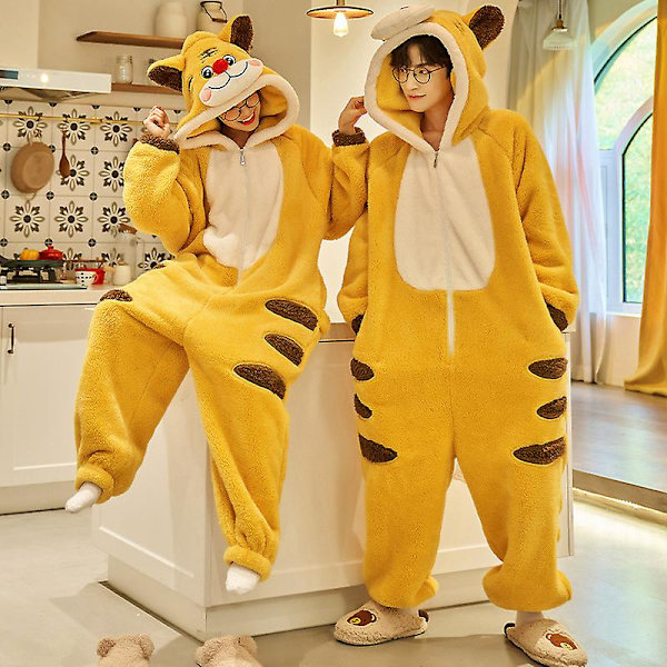 Par One-Piece Pyjamas Dam Vinter Förtjockad Plus Sammet Korall Fleece Tiger Pyjamas M