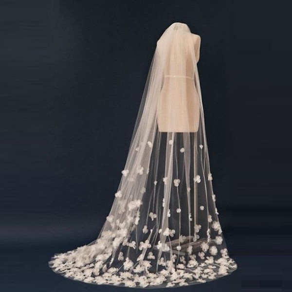 Brudslöjor 3D handgjorda blommiga katedralslöja för kronblad Kvinna Drop bröllopsklänning Accessaries Ivory 300cm