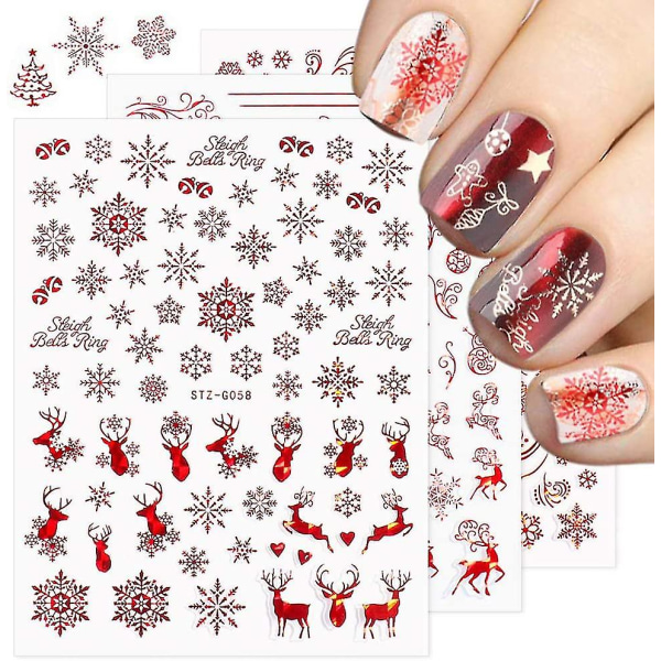 Christmas Nail Stickers - 2021 nya 3d Snowflake Nail Art Dekaler Metallic Röd Snowflake Älg Snögubbe Jultomte Tree Godis Självhäftande nageldekoration