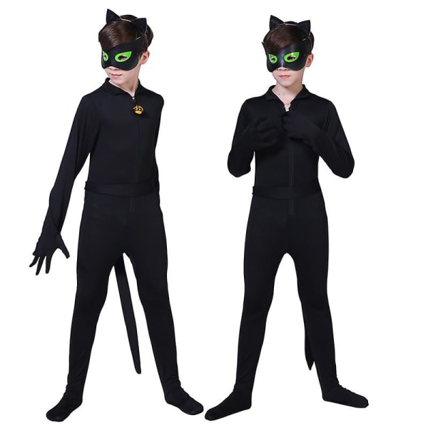 Svart kattdräkt för barn Pojkar Cosplay Noel Bodysuit Kostym med mask, öra, svans 130(125-135CM)