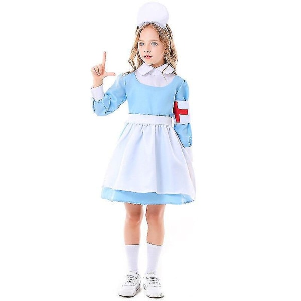 Piger Blå lille sygeplejerske kostumer Barn Halloween Purim Karneval Rollespil Mardi Gras fancy kjole M-height 115-130cm