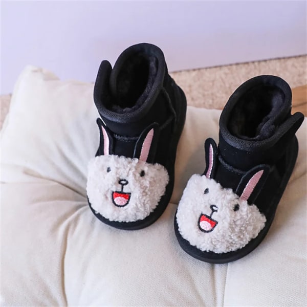 2023 New Baby Snow Boots Varm plysch Söt kaninmönster Barnskor Mjuk sula Mode Toddler Flickor Pojkar Stövlar black 24(insole 15 cm)