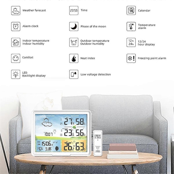 Väderstation Klockor Trådlös Digital Termometer Hygrometer Prognos Kalendrar Månfas Snooze