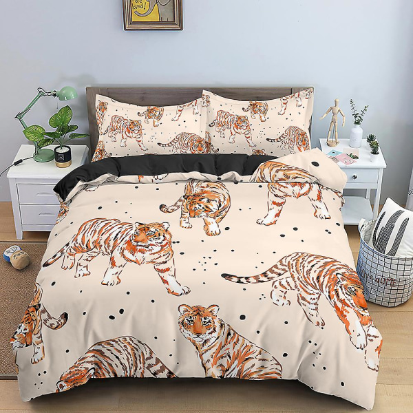 Tigerblommor King Queen Påslakanset Djur Blommig Sängkläder Set För Barn Tonåring Vuxen Djungel Gröna Växter Vilda Djur Mjukt Täcke
