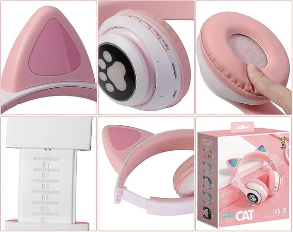 Trådløst headset med katteører, LED-lys, Bluetooth, foldbart headset med mikrofon og børneheadset, Bluetooth katteøreheadset, foldbart, bærbart