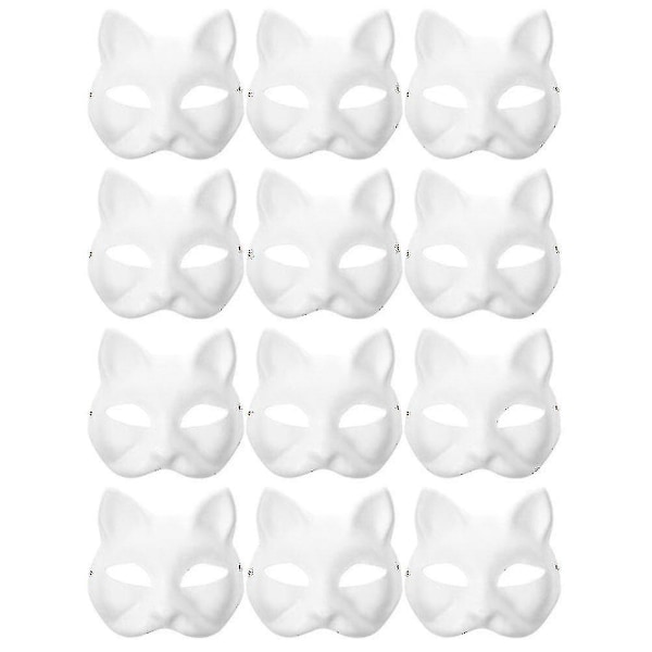 12 stk. Blank Maske Katte Masker Kostume Maske Børnehave DIY Umalet Katte Maske