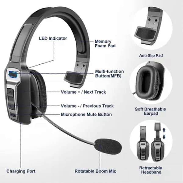 Trucker Bluetooth 5.2 Trådlöst Headset med Brusreducerande Mikrofon För Telefoner PC, 50% Rabatt