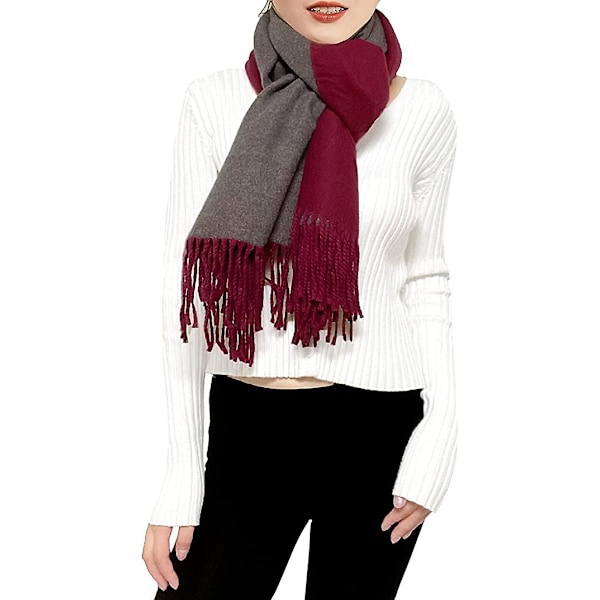 Rød+grå) Dame Kasjmir Skjerf Vinter Reversibel Pashmina Langt Stort Tykt Varmt Skjerf Med Dusker For Bryllupsgave