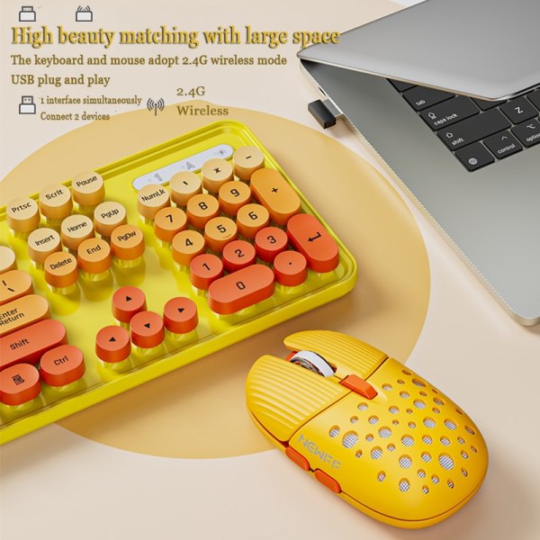 Retro Punk -pelinäppäimistö 2.4G langaton USB-pelinäppäimistö ja hiirisetti Colored Yellow