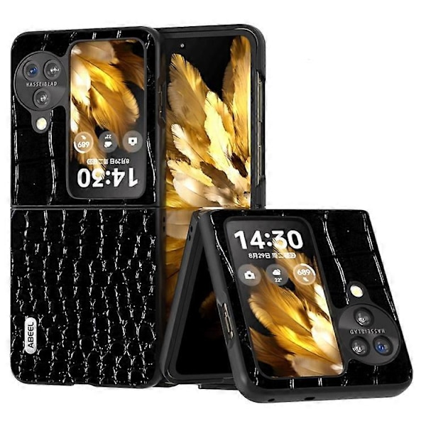 ABEEL Kompatibel med Oppo Find N3 Flip 5G Krokodiltextur Telefonskal Äkta Koläderbelagd PC Vikbart Fodral Black
