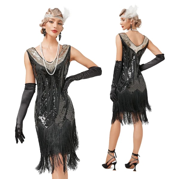 Vintage 1920-tals V-ringad Dubbellagers Klänning med Tofsar Cocktail Bal Paljettprydd Klänning Damkläder Vestido Mode Sommarklänning Y2k Green XS