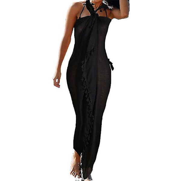 Dame Strand Batik Lang Sarong Badedragt Cover Up Wrap Pareo Med Kvaster Sort 1 stk. Ha