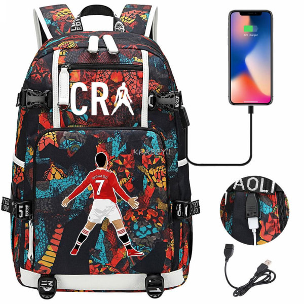 CR7 Printed Ryggsäck Pojkar Flickor Skolväska USB Reseväska Clear