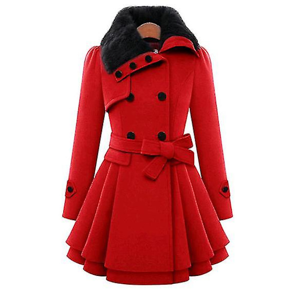 Dam Faux Fur Slag Dubbelknäppt Ullkappa Jacka Red XL