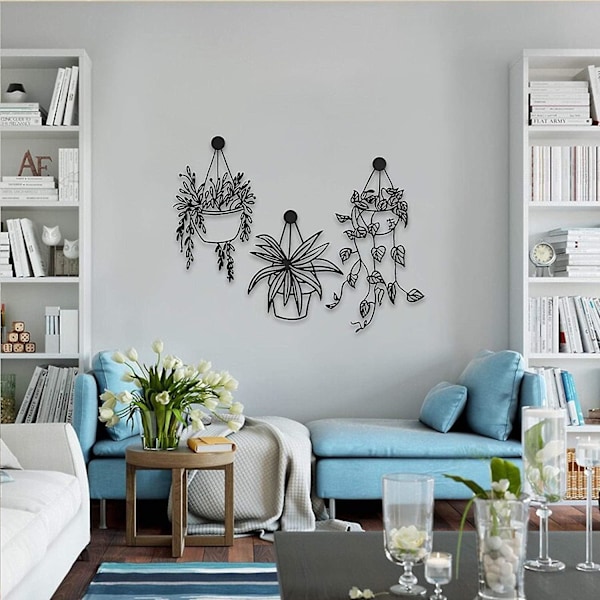 3 Stykker Blomstervase Metal Vægkunst Dekorationsornamenter Blomst i Vase Vægdekoration, Sort Elegant Pottet Plante Vægkunst Skulptur til Soveværelse Badeværelse Sæt