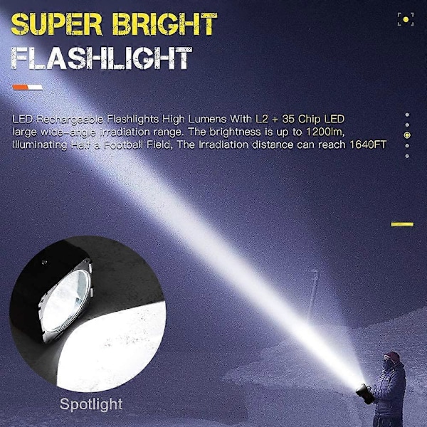 Genopladelig LED Lommelygte Super Lang Standby Høj Effekt Campinglys Super Lys Tilstand Lys med USB Power Bank Output, 60W