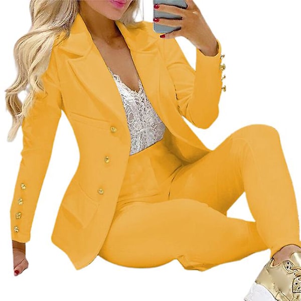 1 Set Blazer Byxor Tvådelad Formell Affärsdräkt Höst Vinter Öppen Söm Ankelknytna Kavaj Elastiska Midjebyxor För Arbete Yellow XL