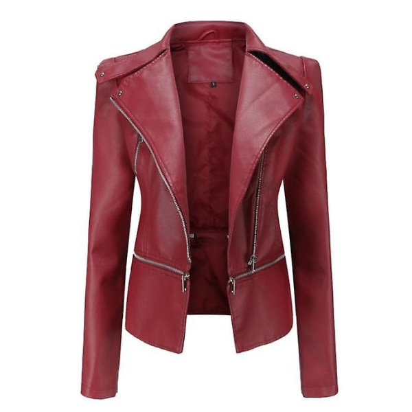 Damkappa PU Läder Ytterkläder Dragkedja Outfit Vår Höst Dammode Svart Aprikos Röd Avtagbar Fåll Damjacka red L