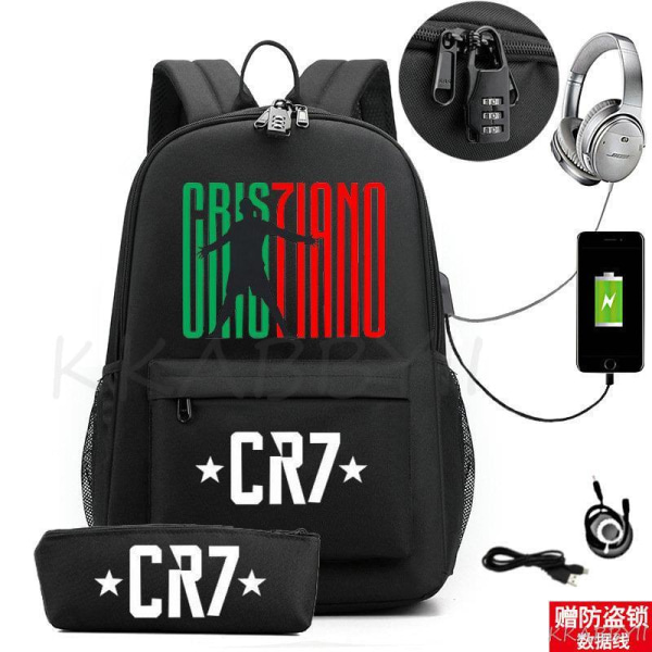 CR7 Ryggsäck Barn Skolväska Canvas Studentryggsäck 2 st Black