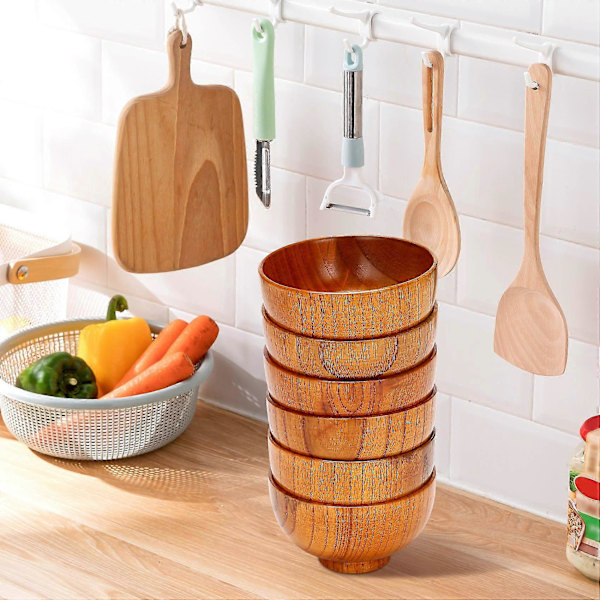 6 stk. Treskåler Serveringsservise for Ris, Suppe, Dip, Kaffe, Te, Dekorasjon Tresalatskål K