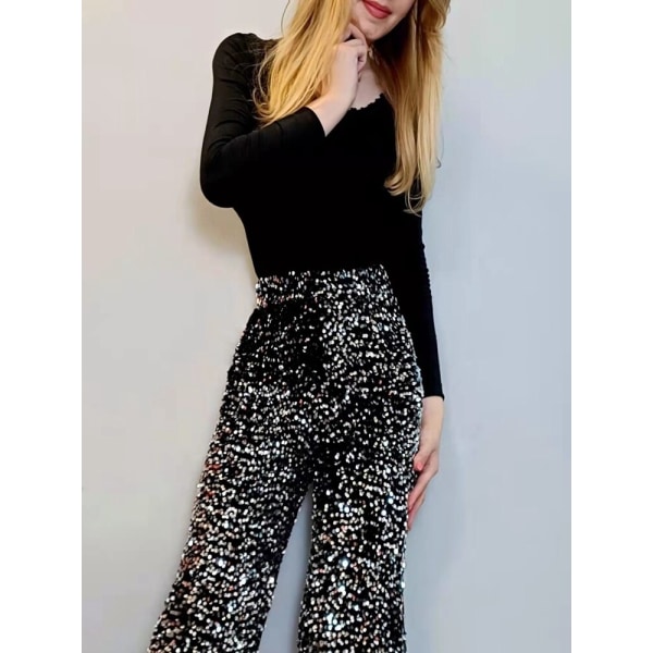 Dam Mode Trendiga Glänsande Guldbyxor Lös Hög Midja Vida Ben Dam Black XL