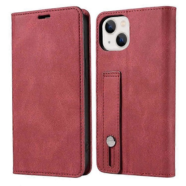 Kompatibelt för iPhone 13 6.1 tum Anti-fall Flip Fodral med Kortfack Magnetiskt PU Läder Plånboksfodral med Ställ och Handledsrem Red