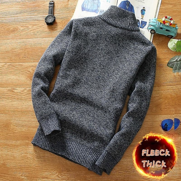 Vinter Herre Fleece Tykkere Sweater Halv Lynlås Rullekrave Varm Pullover Kvalitet Mand Slim Strikket Uld Sweaters Til Forår Light Grey L