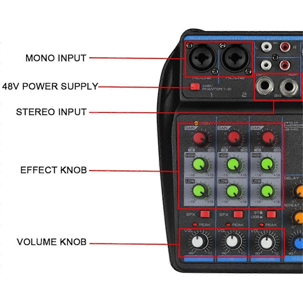 4-kanals Audio Mixer Mini Lydmixer Bluetooth 48V Strømforsyning til Musik DJ Optagelse Ka