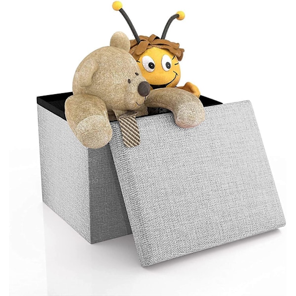 Sammenleggbar Ottoman 30x30x30 cm i Alaska Grå - Dekorativ Oppbevaringsboks i Stoff med Linstruktur for å Spare Plass - Kistekrakk Sete