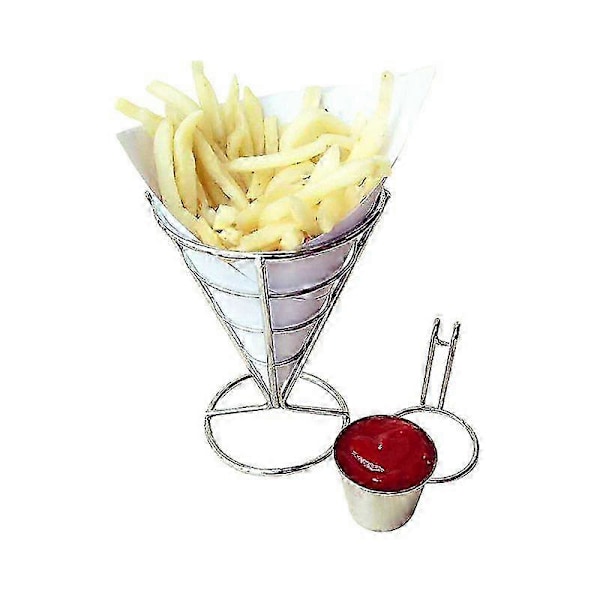 2 stk. Pommes Frites Stativ Kegle Kurv Fritureholder med Sauce Dyppere Metal Stegt Kylling Display Stativ Trådstativ