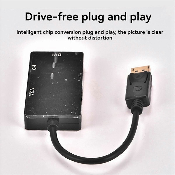 DP till VGA DVI 3-i-1 Adapterkabel DP En-Till-Tre Videokonverterare Stöder 1080P, Lämplig för Pro