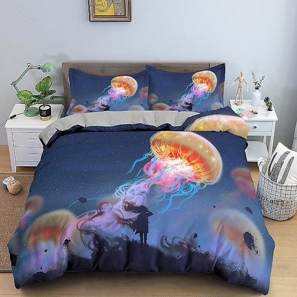 Ocean Jellyfish Sengetøy Sett Skinnende Havdyr Dynetrekk King/Queen Size Magisk Marint Liv Blå 2/3 stk Polyester Dynetrekk