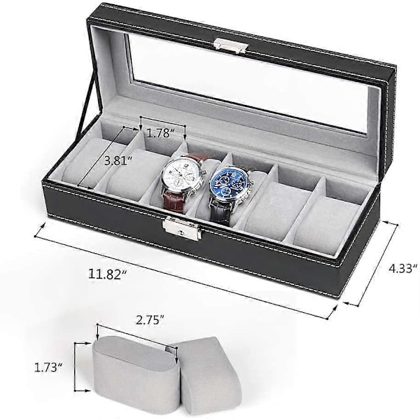 6 Slots Læder Urkasse Displayboks Organizer Glas Smykkeopbevaring Sort