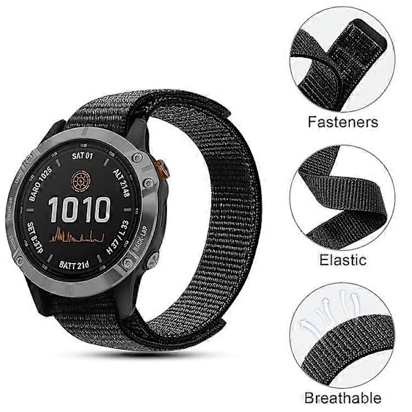 26mm Nylon Klokkereim Kompatibel For Garmin Fenix 6X, Justerbar Erstatningsreim for Smartklokke Black