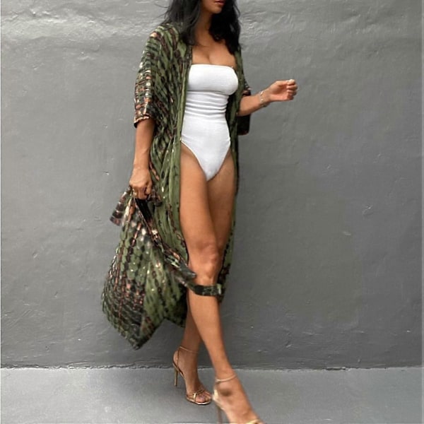 Lång strandklänning för damer, bohemisk kimono-överdel